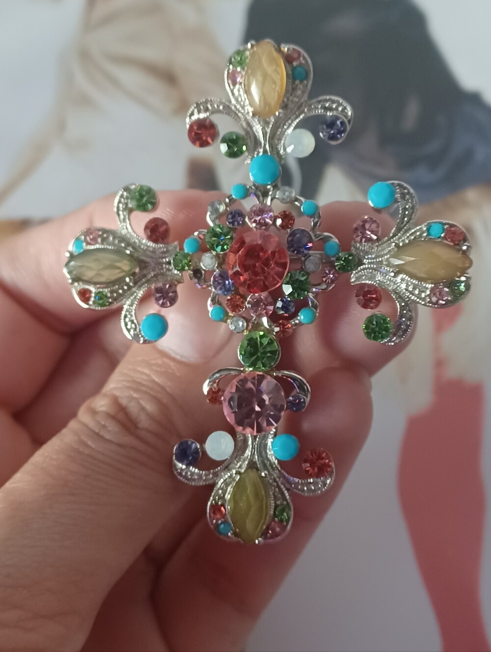 Vintage Ornate Silver Tone Multi-Color Rhinestone Cross Brooch Pendant ✝️